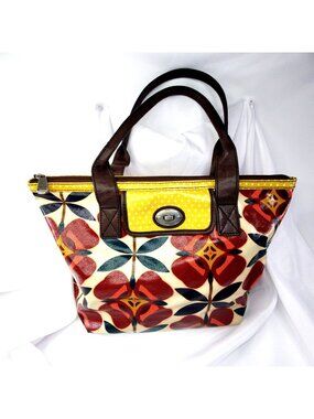 Fossil Key-Per Multicolor Floral Vinyl Coated Tote Bag Brown Leather Handles